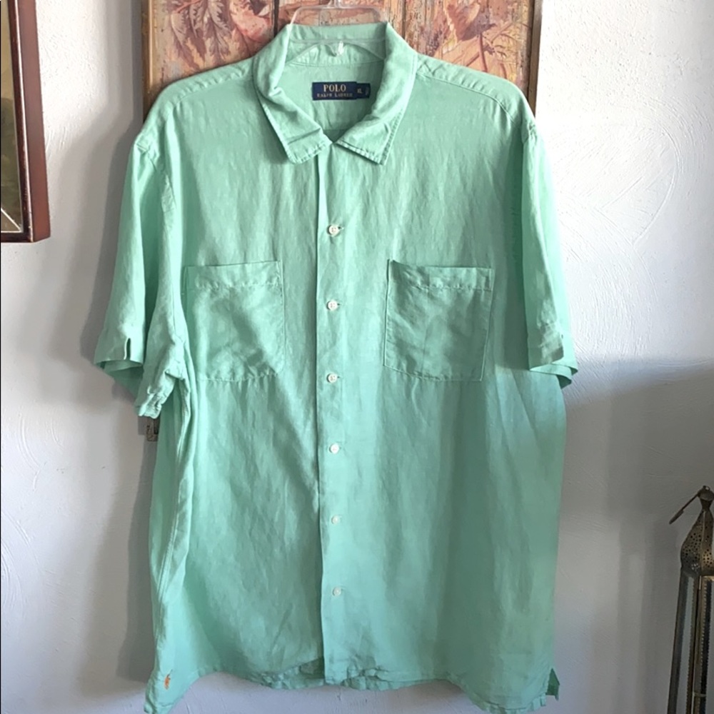 POLO RALPH LAUREN LINEN SILK BLEND SHORT SLEEVE BUTTON DOWN SHIRT LINEN SHIRT